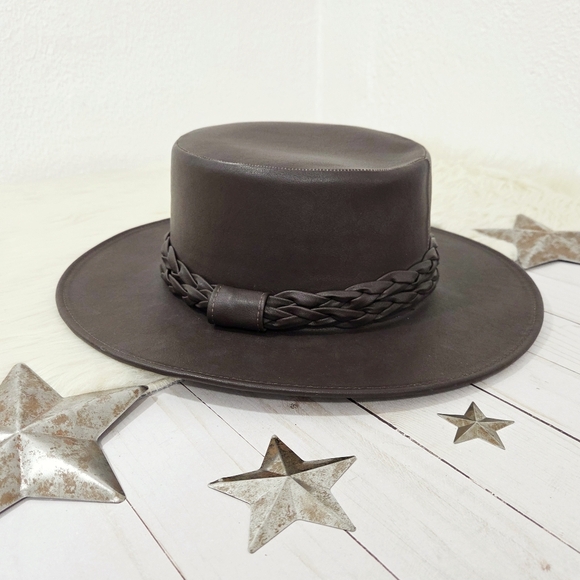 ASN The Coffee Tobacco Faux Leather Cordobés Hat Braided Trim Dark Brown Medium - Picture 3 of 9